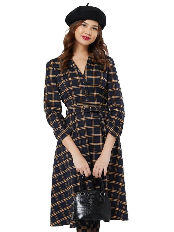 Forties Vintage Style Navy & Yellow Winter Check Dress