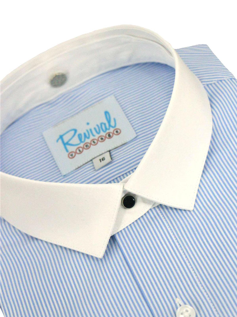 Blue Stripe Collarless Grandad Shirt with Detachable Banker Collar