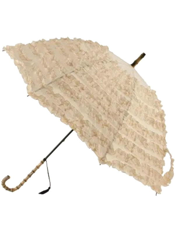 Frilly Beige Vintage Style Parasol Umbrella Bamboo Handle
