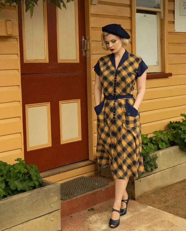 Vintage 40s Style Mustard & Navy Check Day Dress