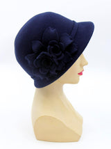 Navy Blue Wool Felt Cloche Hat with Rose Decor