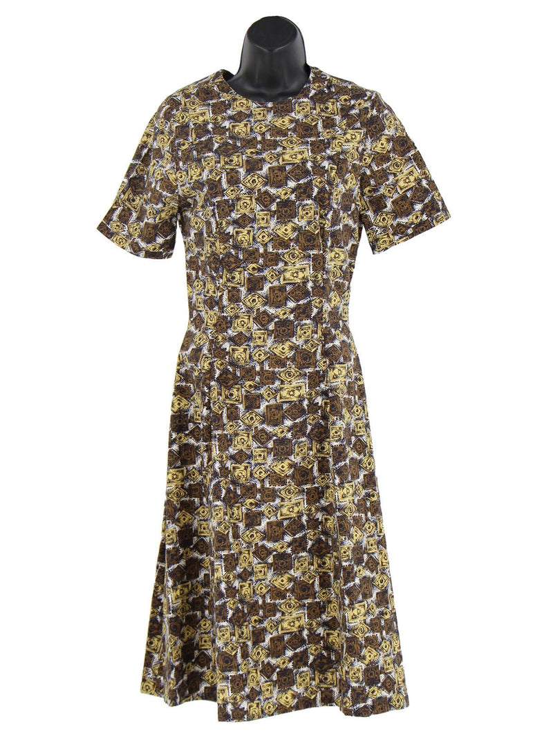 Brown Abstract Pattern 1950s Cotton Dress