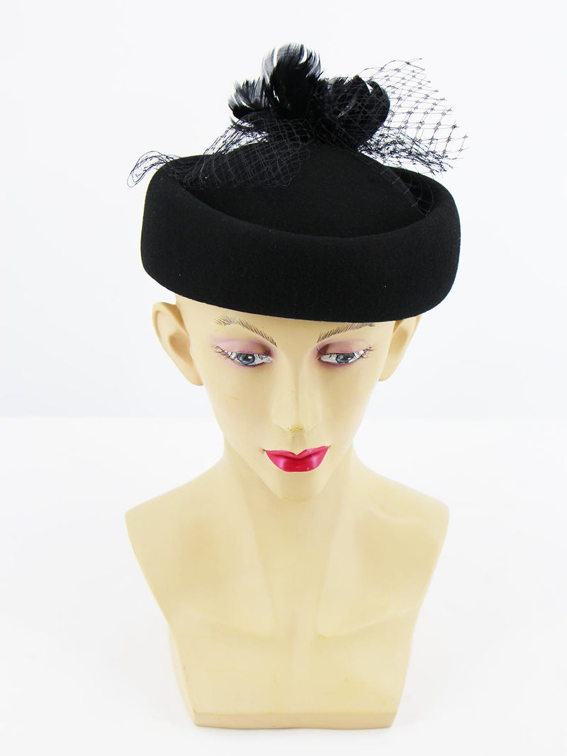 Black Vintage Style Pillbox Hat Feather Trim