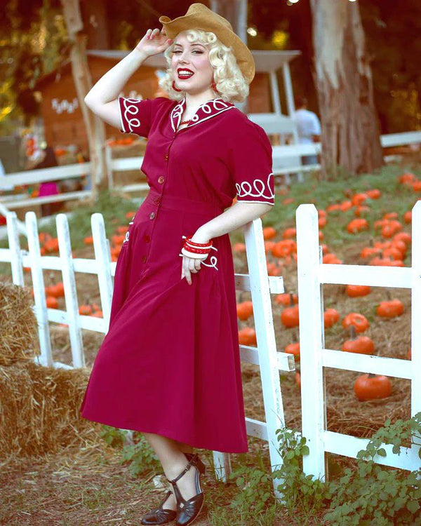 Vintage Style Wine Red Soutache Loop Decor Dress